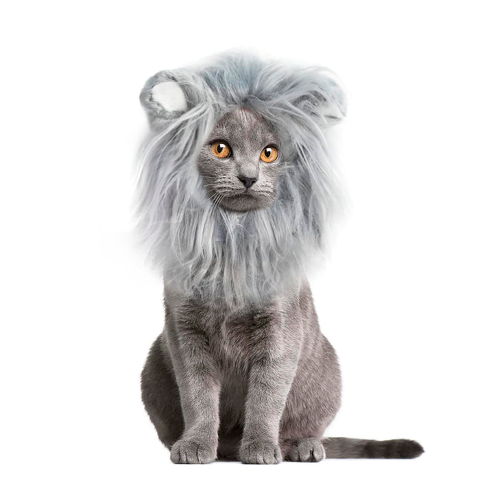 Onmygogo Lion Mane Wig for Cats and Dogs, Funny Pet Cat Costumes for Halloween Christmas, Furry Pet Clothing Accessories (Size S, Light Grey with White)