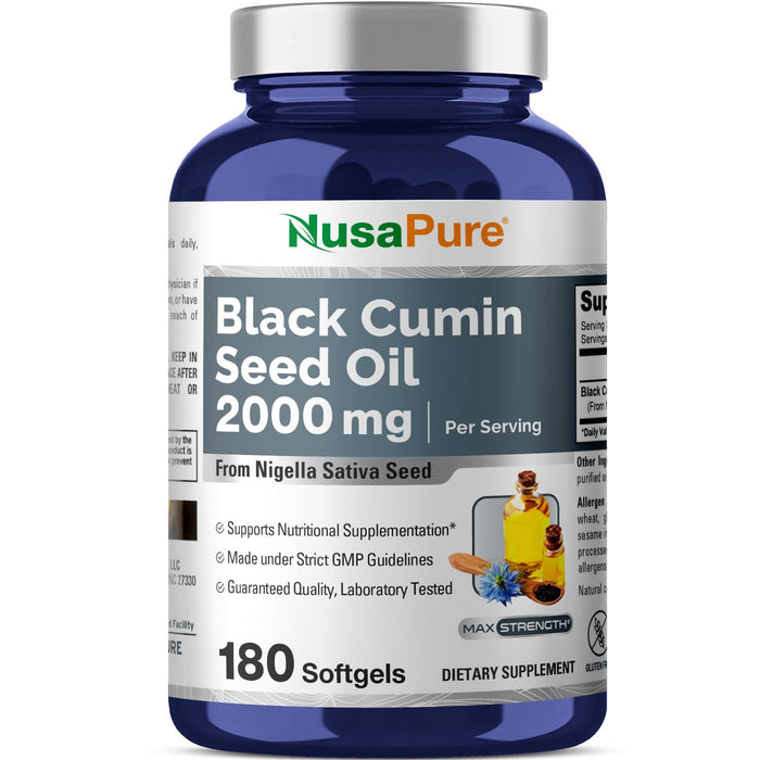 NusaPure Black Seed Oil 2000mg per Serving - 180 Softgel Caps (Non-GMO, Gluten-Free) Cold-Pressed Nigella Sativa