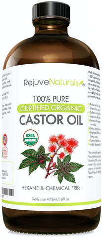RejuveNaturals Castor Oil (16oz Glass Bottle) USDA Certified Organic, 100% Pure, Cold Pressed, Hexane Free. Boost Hair Growth for Thicker, Fuller Hair, Lashes & Eyebrows.