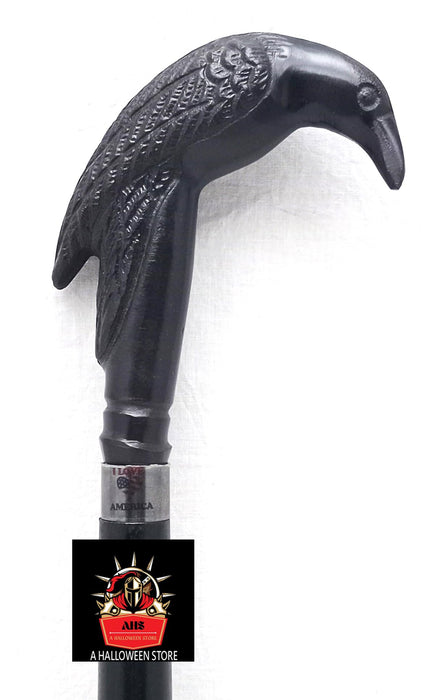 Edgar Allen Poe's Mystic Raven Crow Handle Hand Carved Black Wood Walking Cane Stick for Men/Women - 39"