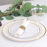 350 Pieces Gold Plastic Plates with Disposable Silverware and Cups, Include: 50 Dinner Plates 10.25”, 50 Dessert Plates 7.5”, 50 Gold Rim Cups 9 OZ, 50 Per Rolled Napkins with Cutlery