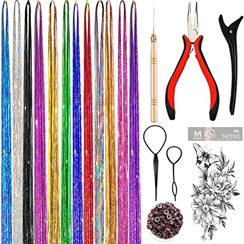 Hair Tinsel Kit, Fairy Tinsel Hair Extensions With Tool 3000 Strands 12 Colors Holographic Hair Tinsel Heat Resistant Sparkling Hair Glitter for Christmas New Year Party (48 Inch)