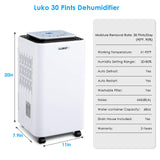 LUKO 2000 Sq. Ft Dehumidifiers for Large Room and Basements, 30 Pints Dehumidifier with Drain Hose, Auto or Manual Drainage, 0.528 Gallon Water Tank, Auto Defrost, Dry Clothes Function, 24H Timer