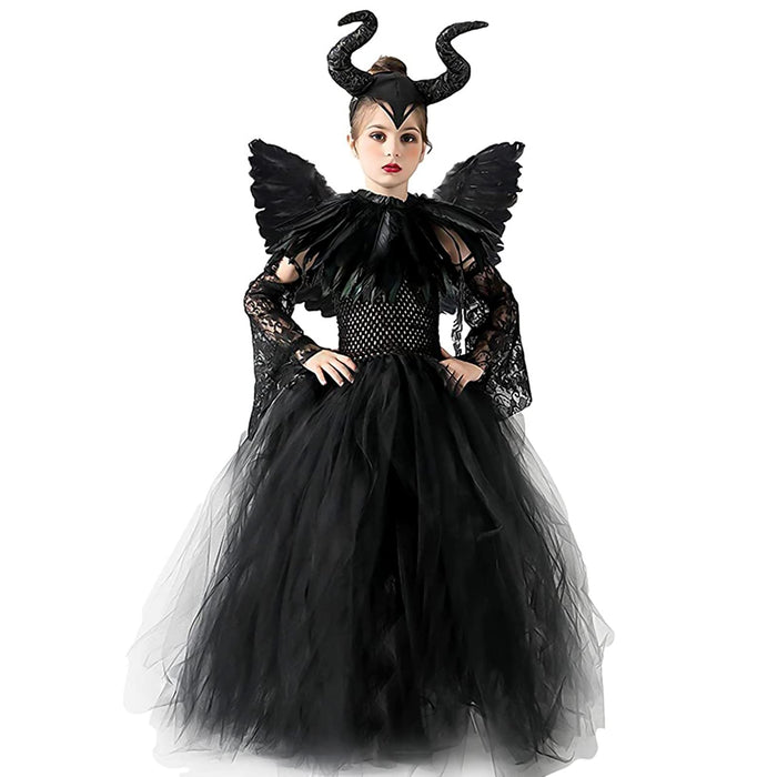 AMOBON Halloween Maleficent Costume for Girls: Evil Queen Witch Dress with Black Wings Horns Cape for Kids Cosplay Carnival Party (L)