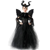 AMOBON Halloween Maleficent Costume for Girls: Evil Queen Witch Dress with Black Wings Horns Cape for Kids Cosplay Carnival Party (L)