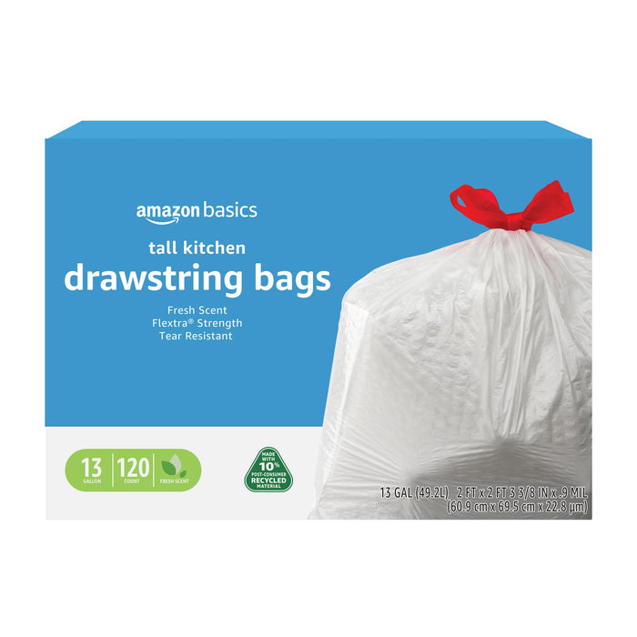 Amazon Basics Flextra Tall Kitchen Drawstring Trash Bags, 10% Post Consumer Recycled Content, Clean Fresh Scent, 13 Gallon, 120 Count, Pack of 1