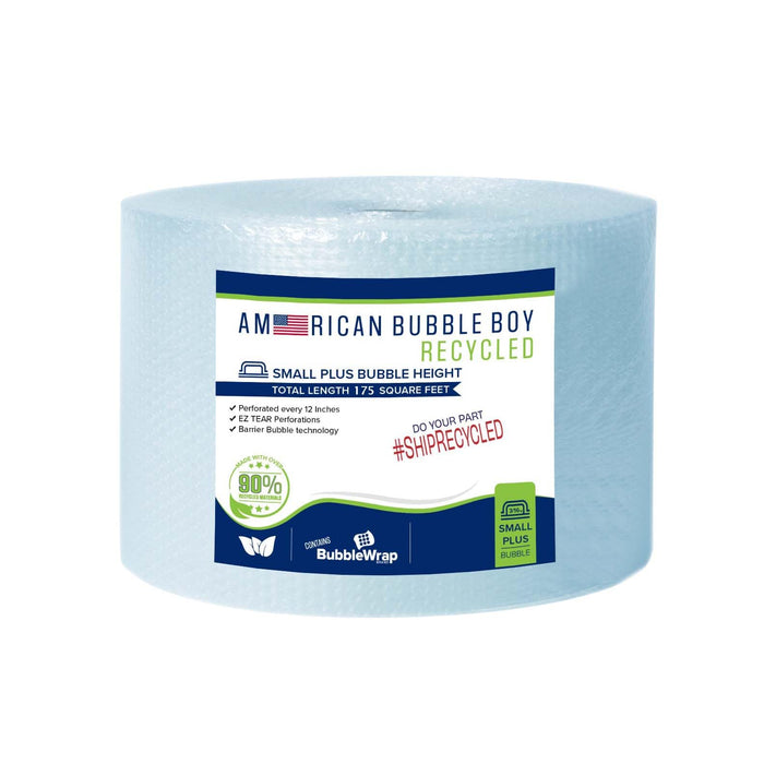 Large roll of 175 Feet of Recycled Small Plus Bubble wrap for packing, moving and shipping for your business essentials. Eco friendly and made from 90% post-consumer materials by American Bubble Boy