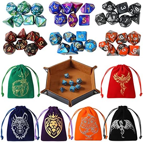 DND Dice Set, 42 Pcs polyhedral dice Set with 6 Colorful Animal Pattern Bag and PU Leather Velvet Tray for Dungeons Dragons D&D RPG MTG Table Games