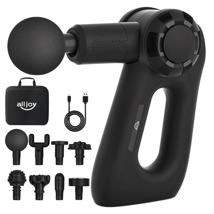 ALLJOY Massage Gun, Handheld Massager Gun for Athletes, Deep Tissue Muscle Massager with 8 Interchangeable Heads, New Ergonomic Design and Super-Quiet Setting - Black