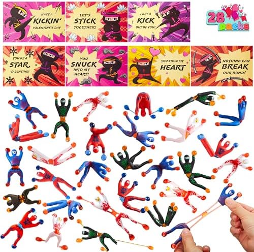 JOYIN 28 Packs Valentines Day Sticky Wall Climbing Men Ninja with Gifts Cards Set, Wall Climbers Stress Relief Toys for Kids Party Favor, Classroom Exchange Prizes, Valentine Greeting Cards