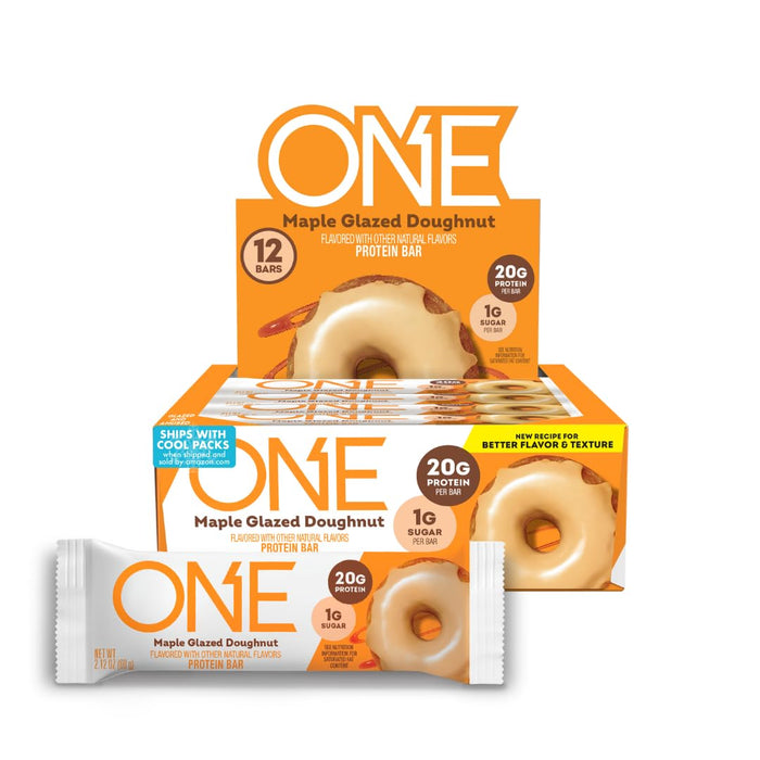 ONE Protein Bars, NEW Recipe Maple Glazed Doughnut, Gluten Free Protein Bars with 20g Protein and 1g Sugar, Pantry Staples, 2.12 oz (12 Count)