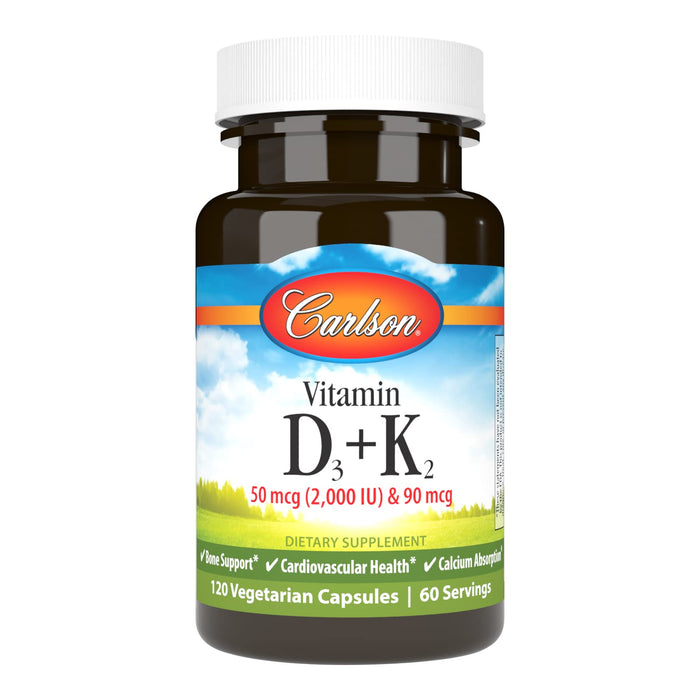 Carlson - Vitamin D3 + K2, 50 mcg (2000 IU) Vitamin D3 & 90 mcg Vitamin K2 as MK7, Bone Support, Calcium Absorption, 120 Capsules