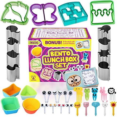 Complete Bento Lunch Box Supplies and Accessories For Kids - Sandwich Cutter and Bread Crust Shape Remover - Mini Vegetable Fruit Shapes cookie cutters - Silicone Cup Dividers - FREE Food Pick forks
