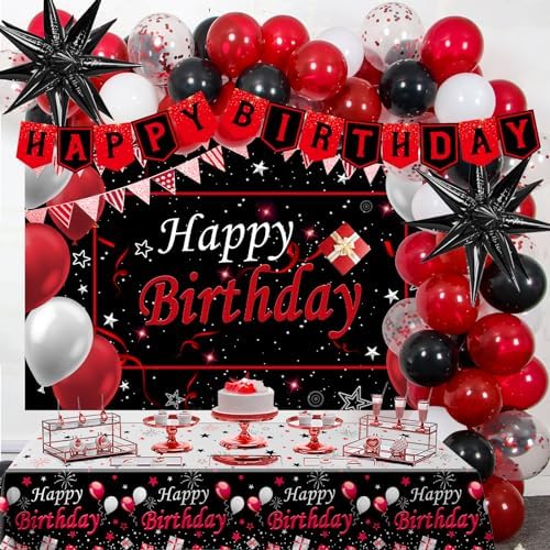 Red Birthday Decorations for Men Women Boys Girls, 75 PCS Red and Black Party Decorations Happy Birthday Backdrop Banner Party Supplies Confetti Star White Red and Black Balloons Arch Tablecloth
