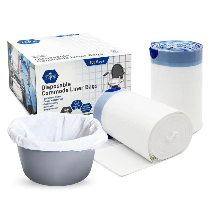 MED PRIDE Disposable Bedside Commode Liner Bags [Pack of 100]- Odor-Control Leakproof Bed Pan Liners With Drawstring- Universal Fit Potty Chair Liners For Buckets & Camping Portable Toilets