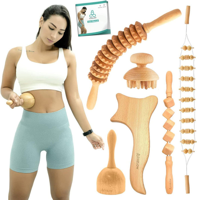 COZLOW 6-in-1 Wood Therapy Massage Tools, Professional Maderoterapia Kit for Body Shaping & Sculpting, Lymphatic Drainage Massage Rollers w/Wooden Cup & Scraper for Reducing Cellulite Appearance