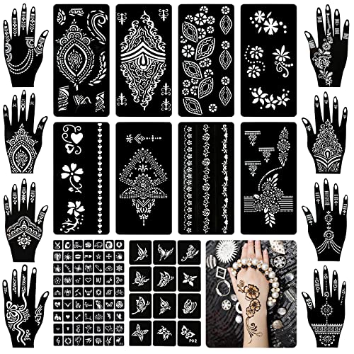 Koogel 18 Sheets Henna Tattoo Stencils, Temporary Flower Patterns Glitter Airbrush Tattoo Kits Arabian Stickers for Women and Girls Face Hand Paint Body Art