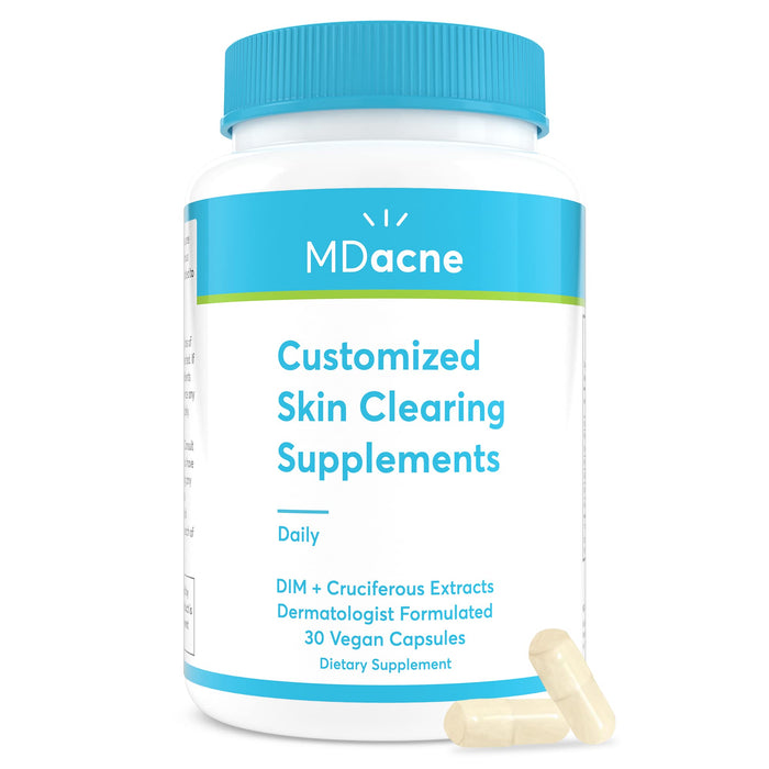 MDacne DIM Skin Clearing Supplements (30 Vegan Capsules) - for Acne Treatment, Estrogen Balance, Hormone Menopause Relief & Bodybuilding, Cruciferous Extract & Bioperine - Dermatologist Formulated