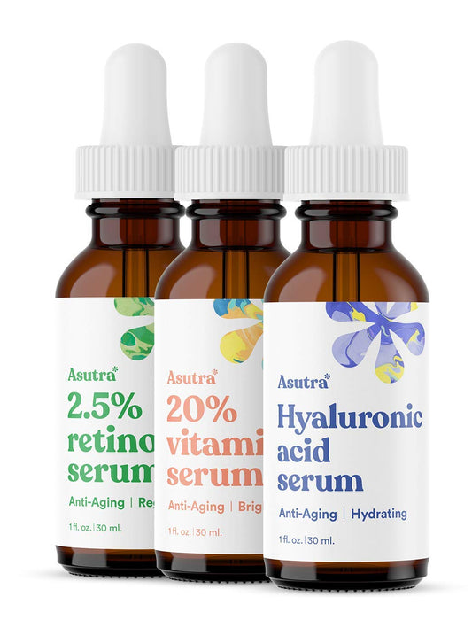 ASUTRA Serum Variety Set (3pk) | Includes 20% Vitamin C + 2.5% Retinol + Hyaluronic Acid Serums