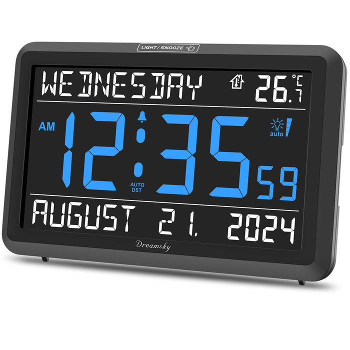 DreamSky Large Digital Clock with Date and Day of Week - Electric Desk Clock for Seniors Elderly, Bedroom Alarm Clock with Battery Backup, Dimmer, USB Port, Auto DST, Temperature, Adjustable Volume