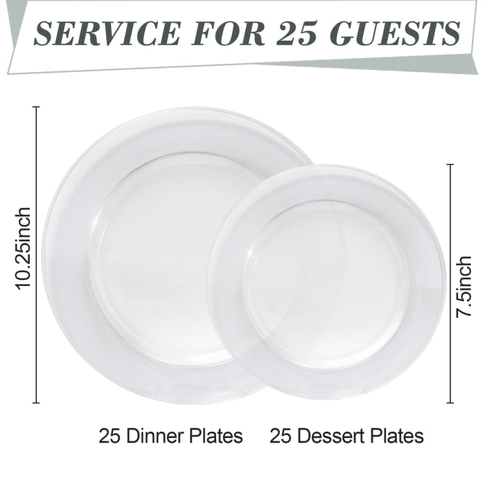 Bestluck 50PCS Clear Plastic Plates, Heavy Duty Disposable Plastic Plates with 25PCS 10.25inch Dinner Plates and 25PCS 7.5inch Dessert Plates, Disposable Plates for Party Wedding