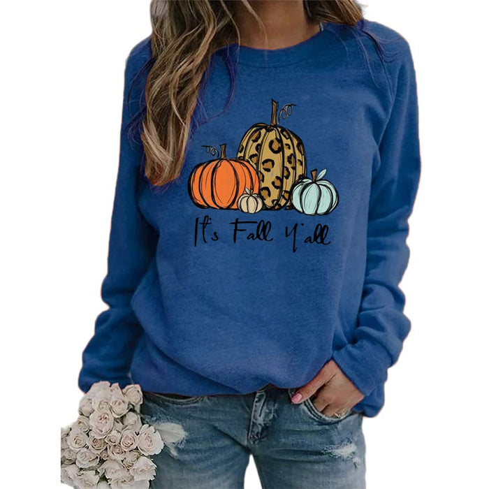 Fuyxxmer Women Its Fall Yall Pumpkin Halloween Sweatshirt Leopard Print Casual Long Sleeve Pullover Shirt Tops Blouse Blue