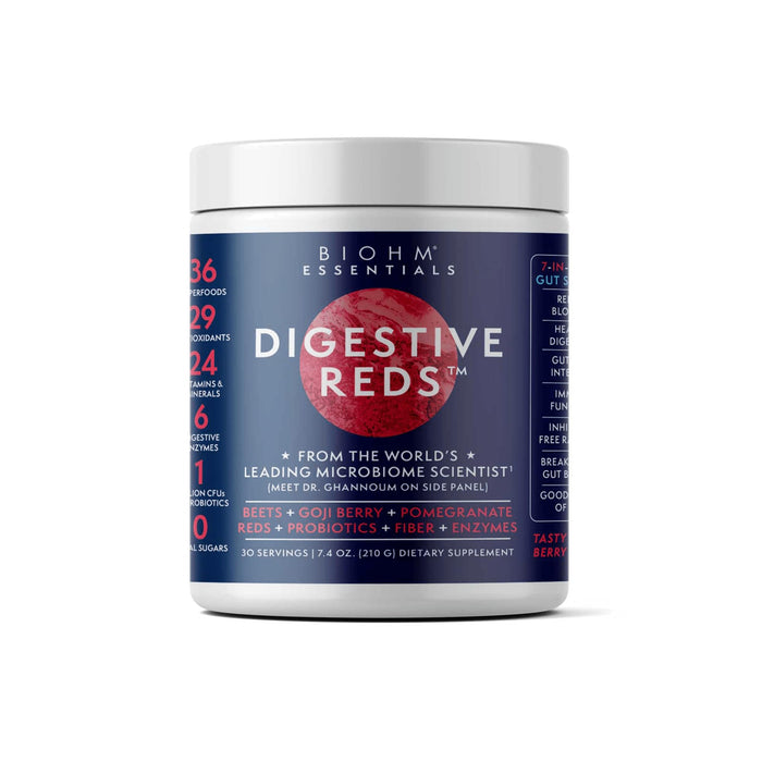 BIOHM Essential Digestive Reds, Superfood Powder, Antioxidants, Vitamins, Probiotics, Digestive Health, for Women and Men, Digestion Supplement with Enzymes, Beets, Goji, Pomegrante, Red Berry Flavor