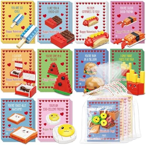 Valentines Cards for Kids Classroom - 30 PACK Food Building Blocks with Valentine Exchange Cards, Valentines Cards for School Classroom, Valentines Party Favors for Kids Boys Girls