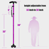 Folding Cane with Led Light, Adjustable Canes for Men and Women, Walking Stick for Elderly with Cushion Handle and Pivoting Quad Base for Hiking Mountain Climbing Backpacker-Purple……