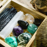 CRYSTALYA Protection Crystals and Healing Stones,100% Authentic, Wooden Gift Box + 50pg EBOOK- Obsidian, Fluorite, Malachite, Hematite, Amethyst, Selenite, Tourmaline + Info Guide, Made in USA