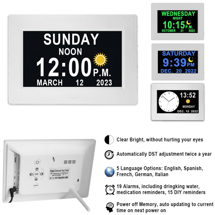 【2024 New】 19 Alarms Digital Clock with Auto DST, Sun Moon Icons, 20 Custom Reminders, 10-Level Auto Dimmer, 6 Display Modes, Day Date Calendar Clock for Seniors Dementia Alzheimers'- 7" with Remote