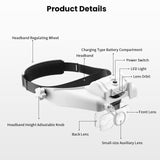 Elikliv Headband Magnifying Glass with Light 1X to 14X, Rechargeable Handsfree Head Mount Magnifier, 6 Detachable Lens Visor Loupe Tool for Close Work Reading Jewelry Craft Repair Cross Stitch