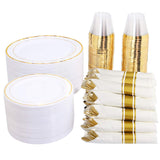 350 Pieces Gold Plastic Plates with Disposable Silverware and Cups, Include: 50 Dinner Plates 10.25”, 50 Dessert Plates 7.5”, 50 Gold Rim Cups 9 OZ, 50 Per Rolled Napkins with Cutlery