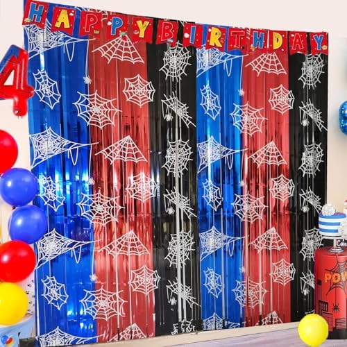 Spider Web Birthday Decorations Backdrop 2 Pack Spider Party Supplies Red Blue and Black Halloween Tinsel Foil Fringe Curtains Party Streamers Background for Boys Spider Theme Party Decorations