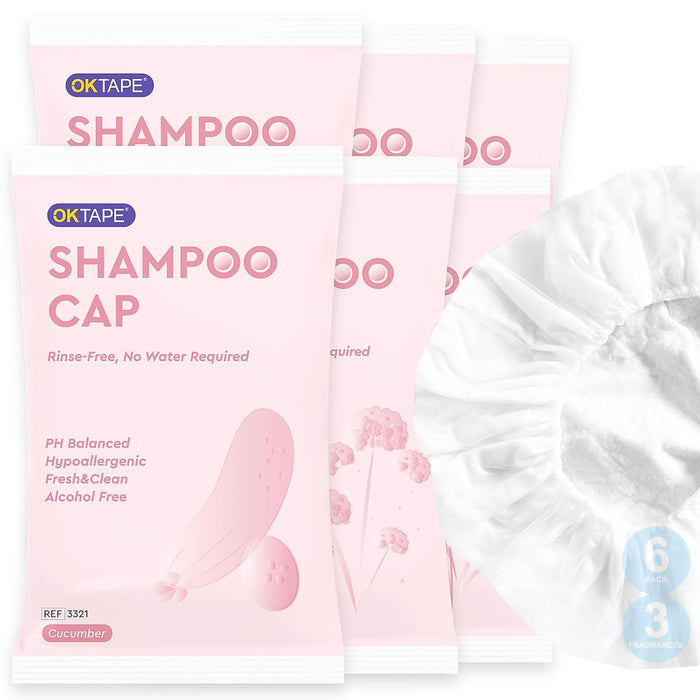 OK TAPE No Water Shampoo Caps (6 Pack) 3 Scents, Rinse Free Shower Cap for Elderly, After Surgery, Camping, Shampoo and Conditioner Hair Wash Cap
