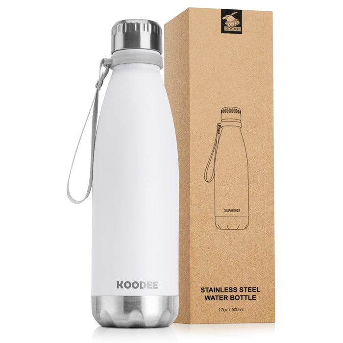 koodee Water Bottle-17 oz Stainless Steel Double Wall Vacuum Insulated Water Bottle for Back to School, Cola Shape Leak Proof Sports Bottle for School(White)