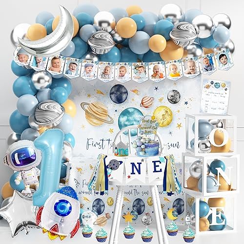 First Trip Around The Sun Birthday Party Decorations for boy 1st Birthday Supplies First Trip Around The Sun Backdrop Balloons Garland Monthly Photo Banner Space Theme 1st Birthday Party Decor