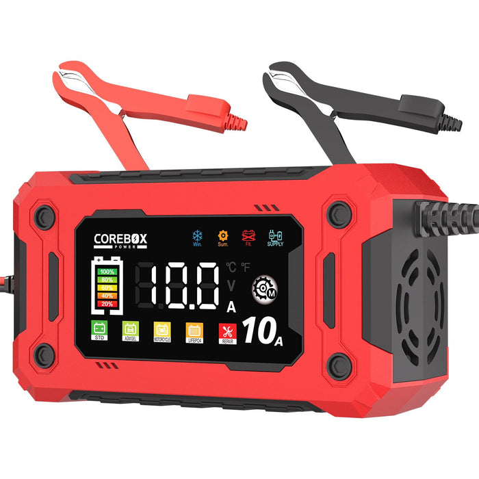 COREBOX 10-Amp Car Battery Charger,Support 1A 6A 0-10A,Trickle Charger for Car Battery 12v,Fast Battery Chargers Automobile 12volt,Smart Lifepo4,AGM,Lithium Battery Chargers for Auto Motorcycle Marine