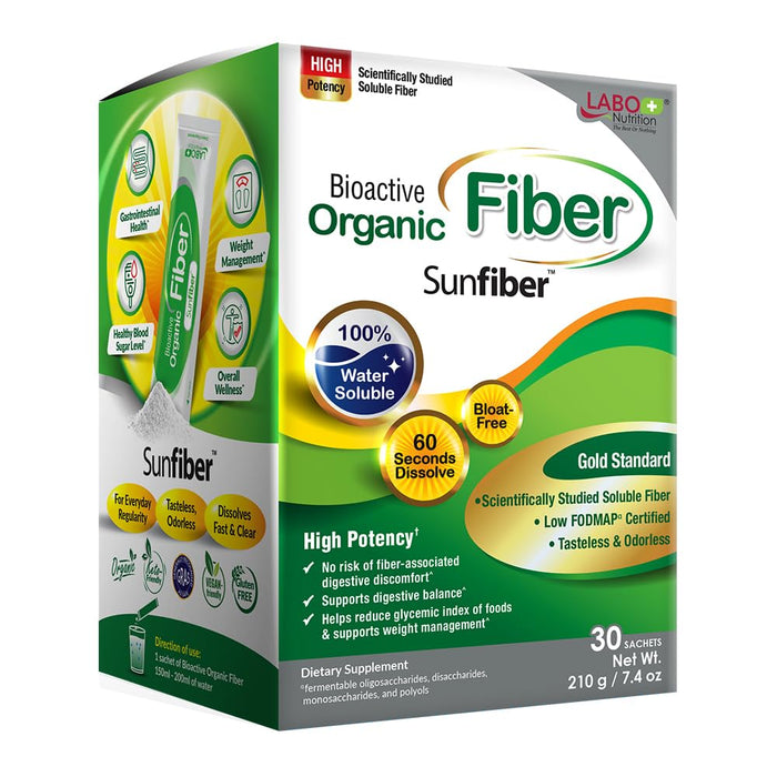 LABO Nutrition Bioactive Organic Fiber, Sunfiber Soluble Prebiotic Fiber Supplement, Support Healthy Digestive, Intestinal, Wellness with Partially Hydrolyzed Guar Gum, Low-FODMAP, Non-GMO, 30 Sachets