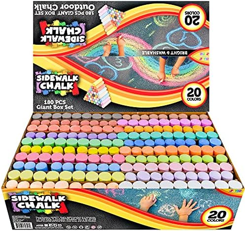 JOYIN 180 PCS Washable Sidewalk Chalks Set in 20 Colors Non-Toxic Jumbo Chalk for Outdoor Art Play, Painting on Chalkboard, Blackboard and Playground