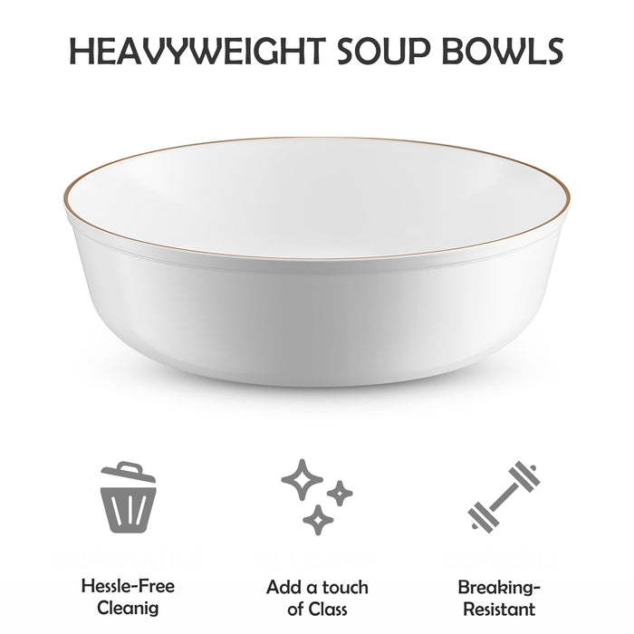 BloominGoods Disposable Plastic Soup Bowls, 50-Pack 14 Oz. Heavyweight White With Gold Rim Bowls For Party, Wedding Or Event