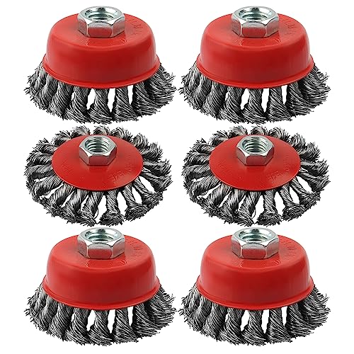 4 Inch Wire Wheel Cup Brush Set for Grinder, WENORA 6 Pack Wire Wheels for 4 1/2 Angle Grinder -5/8 Inch Threaded Arbor -0.02 Inch Carbon Steel Brush for Heavy Cleaning Rust Stripping