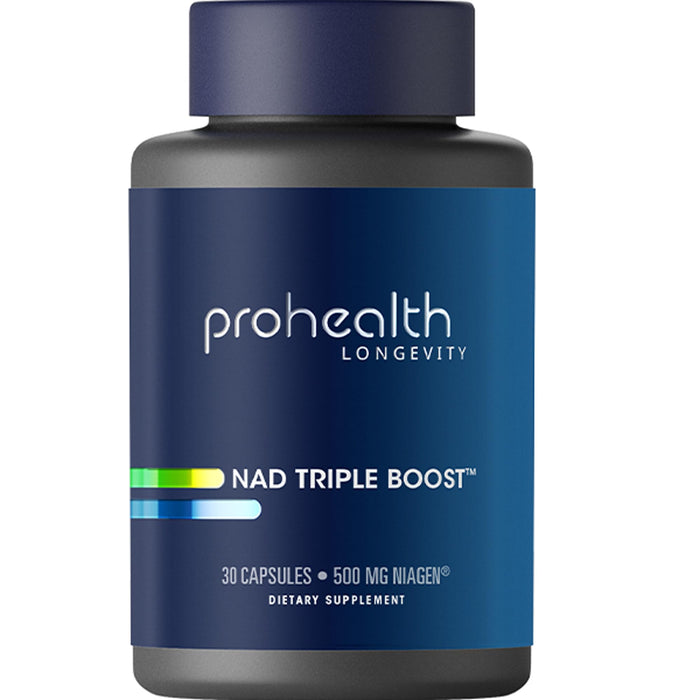 ProHealth Longevity NAD Triple Boost. Support Youthful Cellular Energy in 3 Ways. Patented Nicotinamide Riboside NR (The Active Ingredient in NMN), Apigenin, Bioperine, Tryptophan, and B Vitamins