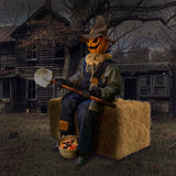 Haunted Hill Farm Motion-Activated Smiling Jack The Shovel-Wielding Sitting Scarecrow by Tekky, Talking Jump-Scare Halloween Animatronic, Plug-in or Battery Operated Halloween Decorations