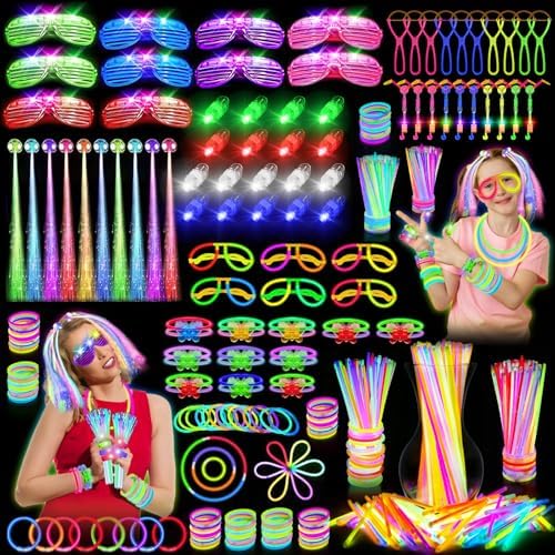 Glow in the Dark Party Supplies, 264 PCS Light Up Party Favors with LED Glasses,Glow Sticks,Finger Lights,LED Hair Clips,Slingshot,Glasses Molds,Butterfly Bracelet for Birthday,Raves,New Year