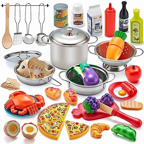 Pretend Play Accessories - 52pc Kids Kitchen Playset with Play Food, Stainless Steel Cookware, Toys Pots and Pans, Toddler Kitchen Set with Cuttable Toy Food - Boys and Girls Gift