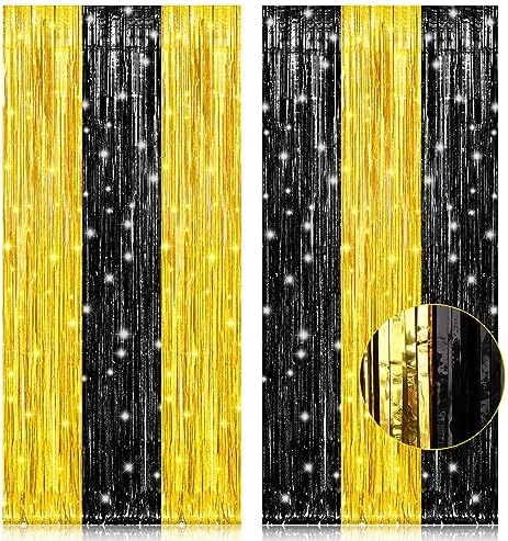 2 Pack 3.2x8.2 Feet Black and Gold Tinsel Backdrop Party Decorations, Foil Fringe Curtains Backdrop for Birthday Graduation Wedding Engagement Bridal