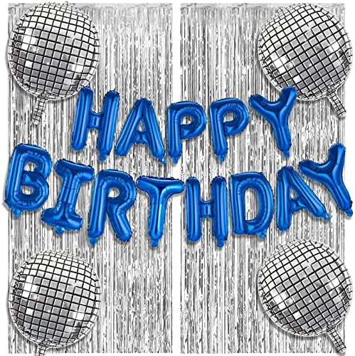 Birthday Party Decorations Blue Happy Birthday Banner Foil Fringe Curtain Backdrop Set Happy Birthday Balloons Disco Ball Balloons Photo Booth Props for Birthday Decorations Supplies