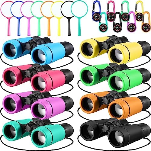 Hiboom 8 Pack Kid Binoculars Set Shockproof Folding Mini Compact Binoculars Compass Magnifying Glass for 3-12 Years Boys Girls Kids Bird Watching Camping Outdoor Play