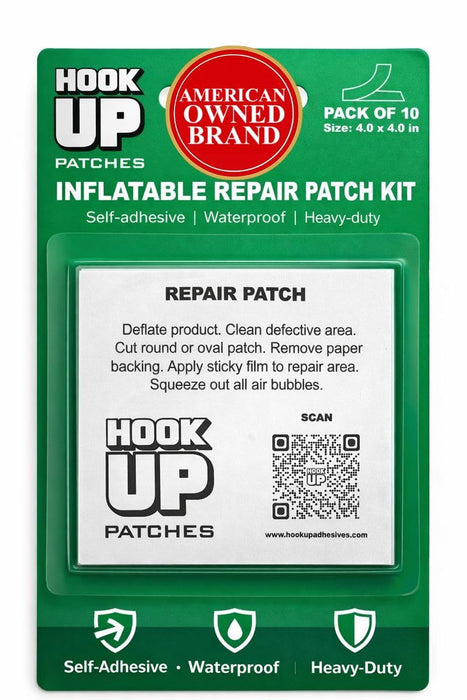 HOOK UP Inflatable Repair Patches – Heavy Duty Peel & Stick Patch Kit for Pool Floats, Air Mattresses, Inflatables & PVC – Waterproof, No Glue Needed (10 Pack) (4” x 4”, Pack of 10)